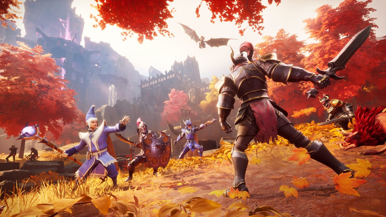 Party of adventurers fighting in an autumn forest on Ashenfall in RuneScape: Dragonwilds