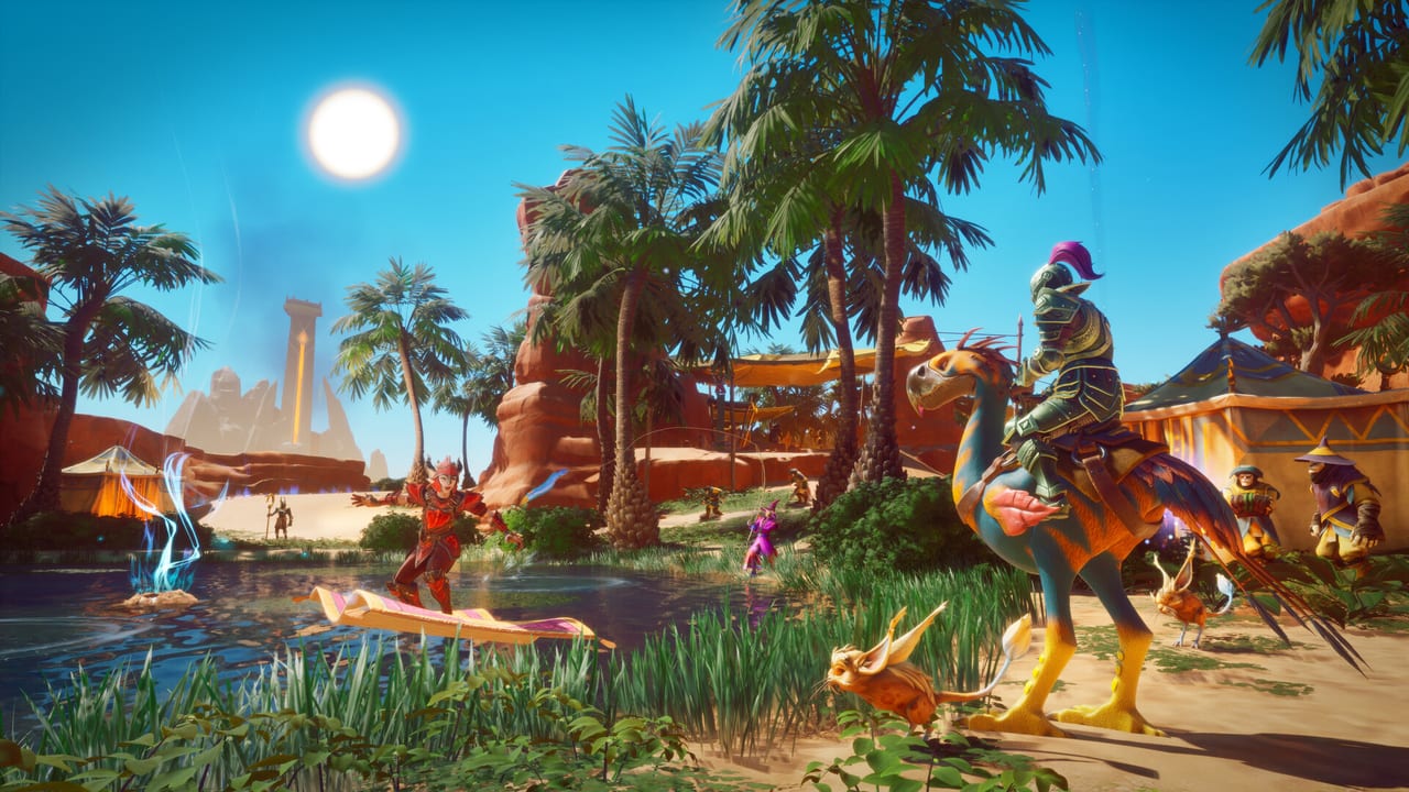 Umbral Sands oasis camp with a magic carpet, mount, and desert ruins in RuneScape: Dragonwilds